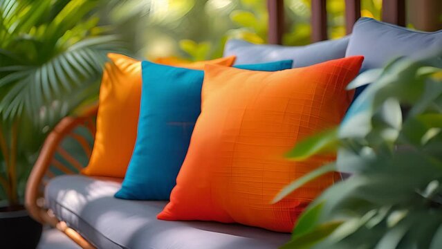 Various colored pillows in a row on a sofa. Row of many color of pillows decoration on the vintage wooden seat with white pads near the green garden. 4k video colorful