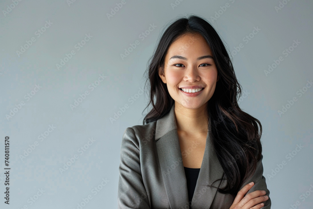 Wall mural Young Teacher Smiling in Classroom. Young female educator smiling confidently in a classroom setting, with students in the background.