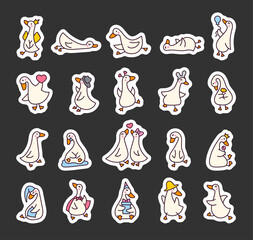 Funny goose characters. Sticker Bookmark. Cute cartoon kawaii duck. Hand drawn style. Vector drawing. Collection of design elements. © palau83