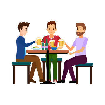 Men sitting at pub table, happy male friends drinking beer from mugs vector illustration