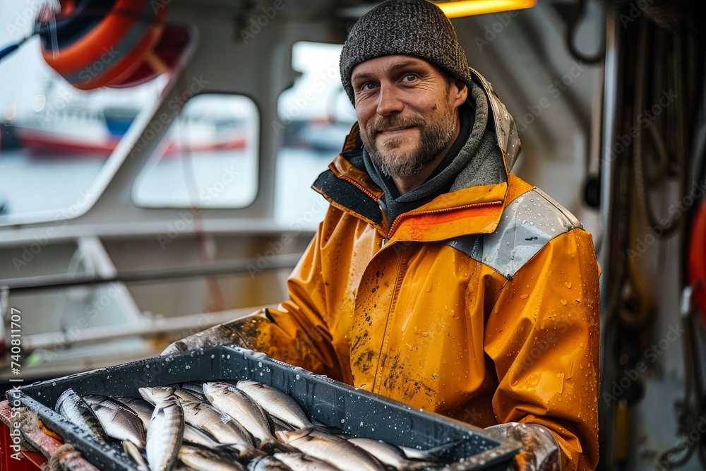 Wall mural A rugged man, clad in outdoor clothing, stands proudly in the street market, holding a box overflowing with freshly caught fish and showcasing his connection to the sea and its bountiful seafood prod