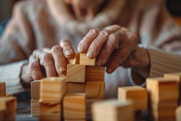 elderly woman playing with wooden blocks - Powered by Adobe