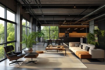 Fototapeta na wymiar Open office straight industrial with black windows and modern furniture