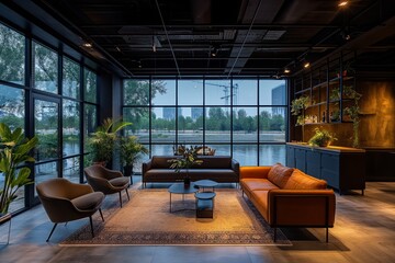 Open office straight industrial with black windows and modern furniture