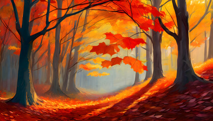 Abstract beautiful minimalist orange-red Autumn forest with close up colorful leaves on digital art concept.
