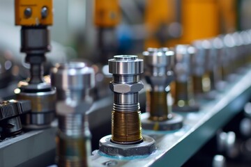 Close-up of new metal parts for repairing and creating agricultural machinery. Close-up of metal cylinders with screw threads on a conveyor belt on a blurred background of a production workshop. Copy