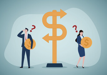 Investment choice or option to make profit, buy or rent, pay off debt or invest, select best earning asset, confused businessman and woman investor hold money coin choose dollar direction signs.