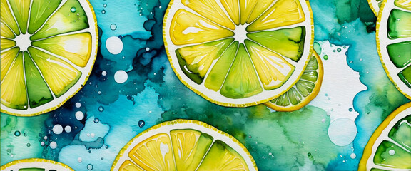 Drawing of a cross section of a lemon. Lemon illustration in watercolor style. Abstract watercolor painting.