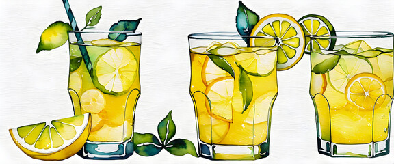 Lemonade decorated with lemon and lime. A yellow drink with ice in a transparent glass. Illustration in watercolor style.