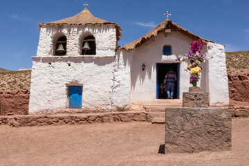 Old rustic village in the Atacama Desert, Chile. Rural houses and white church. 