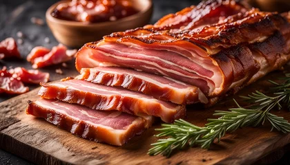 Foto op Plexiglas Delicious artisanal whole smoked slab bacon on a cutting block.  © JohnLee