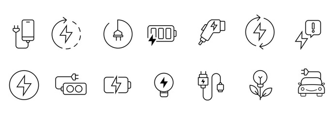 Containing charge, battery, energy, electricity, charger, recharge, electric car and charging station icons. Vector Illustration
