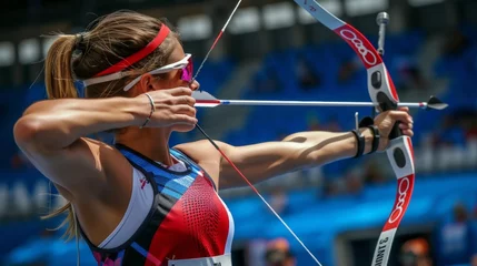 Tuinposter Arrow released from bow emphasizing athlete s precision, motion, summer olympic games concept © Ilja