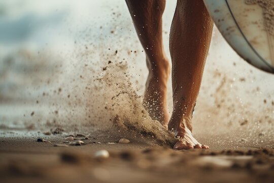 Close-up of a surfer's feet confidently walking on the beach after a successful ride, surfboard tucked under their arm, leaving a trail in the sand. 