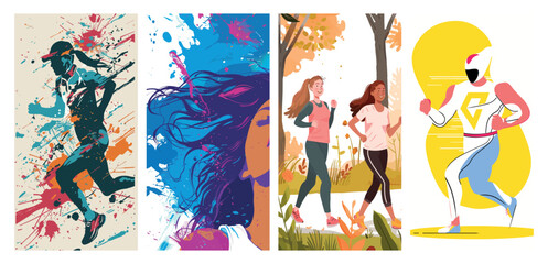 Four distinct shots of people running, poster set.