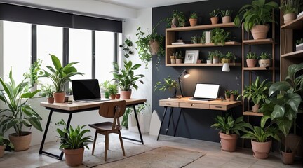 Modern Home Office with Indoor Plants and Natural Light