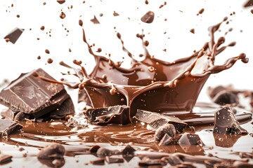 Fototapeta premium Sensational shot of milk chocolate splashing on a pristine white surface, perfect for editing. Concept Chocolate Splash, Photo Editing, Food Photography, Product Shot, Delicious Dessert