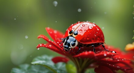 Macro shot of dew drops on ladybug on bright red flower 