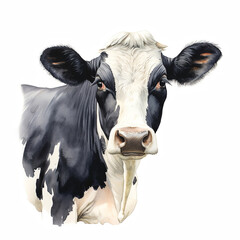A gigital watercolour of a Holstein-Fresian black and white dairy cow on a white background.  - 740815721