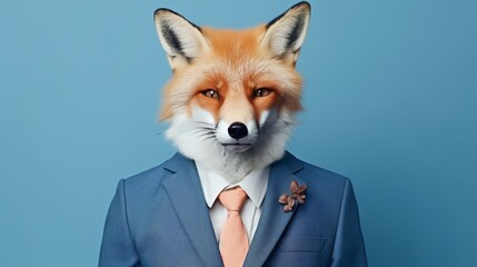 Fox in business attire, corporate setting, studio shot on plain wall with text space.