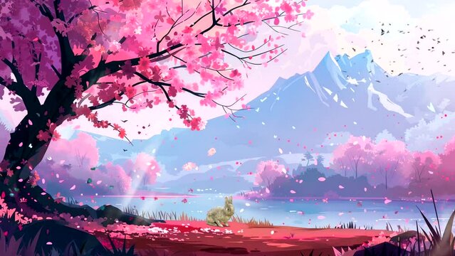 Beautiful spring scenery with cherry blossom trees, calm atmosphere. Seamless looping 4k time-lapse video animation background