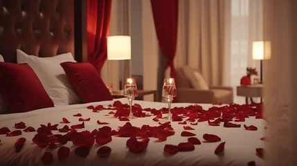 Deurstickers 3d rendering luxury bedroom with red rose petals on the wall. generative ai © ceoJAHID