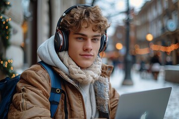 Obraz premium A young man wearing headphones and a scarf braves the winter chill as he types away on his laptop, surrounded by the bustling city street and buildings
