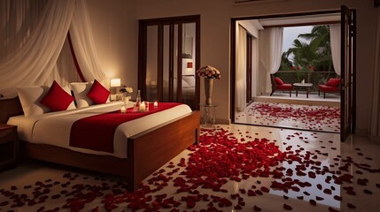 3d rendering luxury bedroom with red rose petals on the wall. generative ai