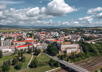 Aerial skyline cityscape of Zvolen, Slovakia on a sunny summer day
