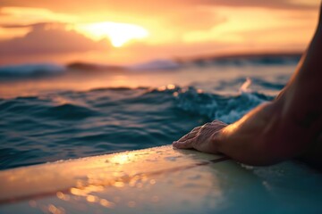 Close-up of a surfer's relaxed hands holding a surfboard, gazing at the calming sunset over the ocean waves. - obrazy, fototapety, plakaty
