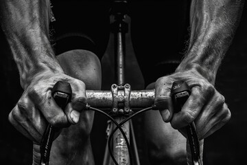 The hands of a male cyclist at the wheel of a sports bike. A cyclist on a bicycle. Close-up.