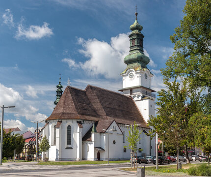 Cityscape of Zvolen, Slovakia on a sunny summer day: Saint Elizabeth Church (Kostol sv. Alžbety) at N&aacute;mestie SNP square