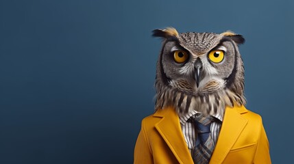 Owl in business suit at office, studio shot with copy space on plain wall for text placement