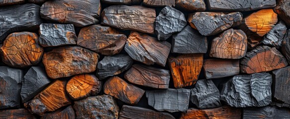 A detailed view of a stack of various types of wood, displaying textures and colors