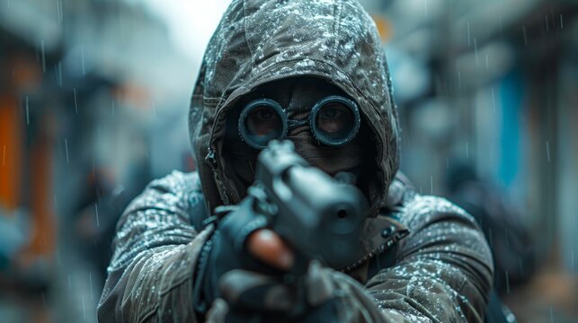 A high-stakes situation is depicted in this striking image, as a masked criminal aims a gun, embodying the pervasive threat of violence in today's world.