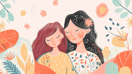 Illustration with smiling mother and happy daughter. Sweet banner
