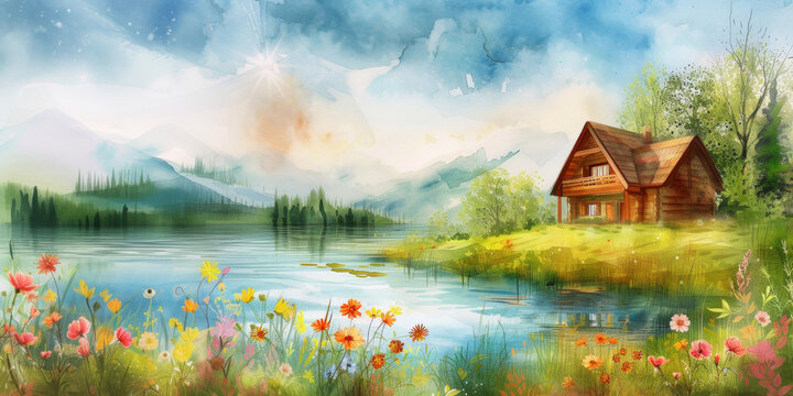 Cozy house, spring flowers and pond. Watercolor illustration. Banner