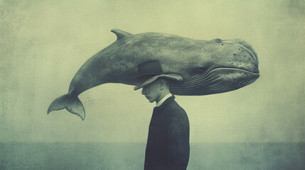Man with large whale on head. Vintage surreal art