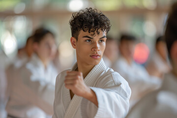 Male student practicing karate by instructor in class