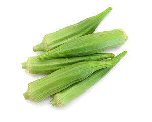 Fresh raw okra isolated on white background, horizontal with copy space