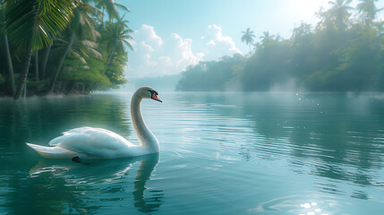 a swan in calm water with a tropical background - obrazy, fototapety, plakaty