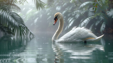 a swan in calm water with a tropical background