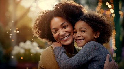 Happy ethnic family. African American mother and daughter smile and laugh, enjoy moments of tenderness gentle touch close up image, love care protection and caress concept - obrazy, fototapety, plakaty