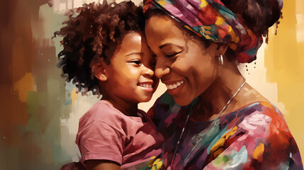 Happy ethnic family. African American mother and daughter smile and laugh, enjoy moments of tenderness gentle touch close up image, love care protection and caress concept