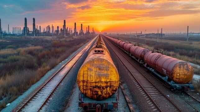 A freight train moving tanker cars filled with petroleum products for oil extraction and transportation via railways. Depicting the logistics of oil distribution in an industrial scene.