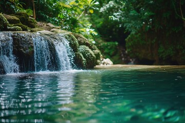A hidden waterfall cascading into a crystal-clear pool, surrounded by lush greenery and exotic birdsong.