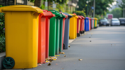 City trash bins line the roadside