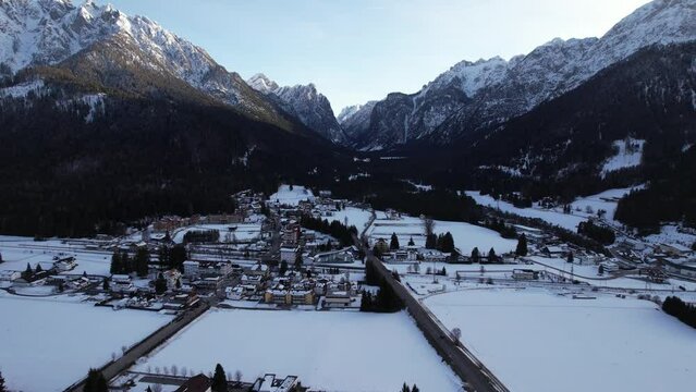 Winter city at the foot of the Alpine mountains in Italy.