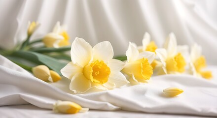 Fototapeta na wymiar daffodil flower on white cotton fabric cloth backgrounds