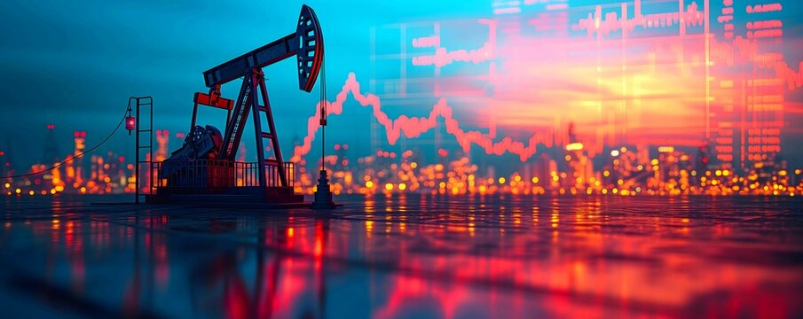 Rise in gasoline prices concept with double exposure of digital screen with financial chart graphs and oil pumps on a field - Powered by Adobe